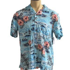 George Mens M Hawaiian Shirt Blue Button Down Short Sleeve Casual Flowers NEW